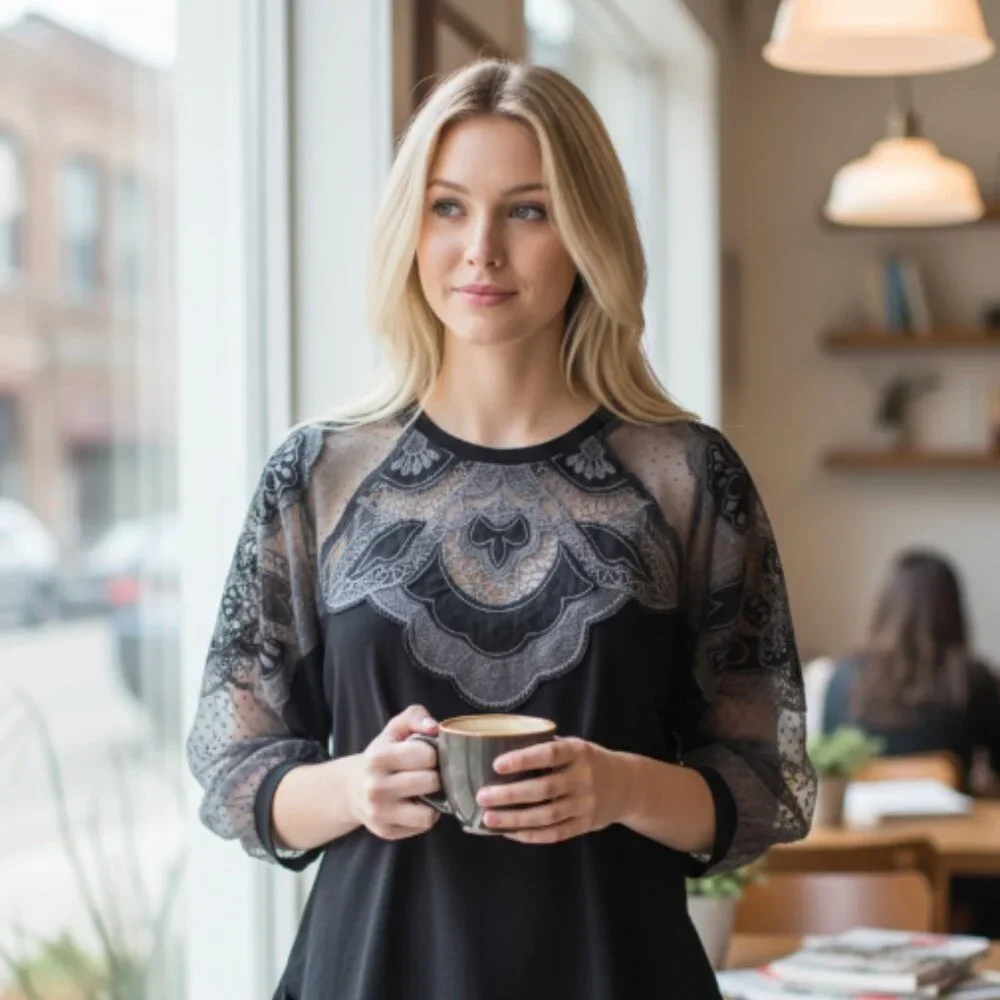 NEW Free People Toni Blouse  Black Mesh  Lace Trim Super Oversized